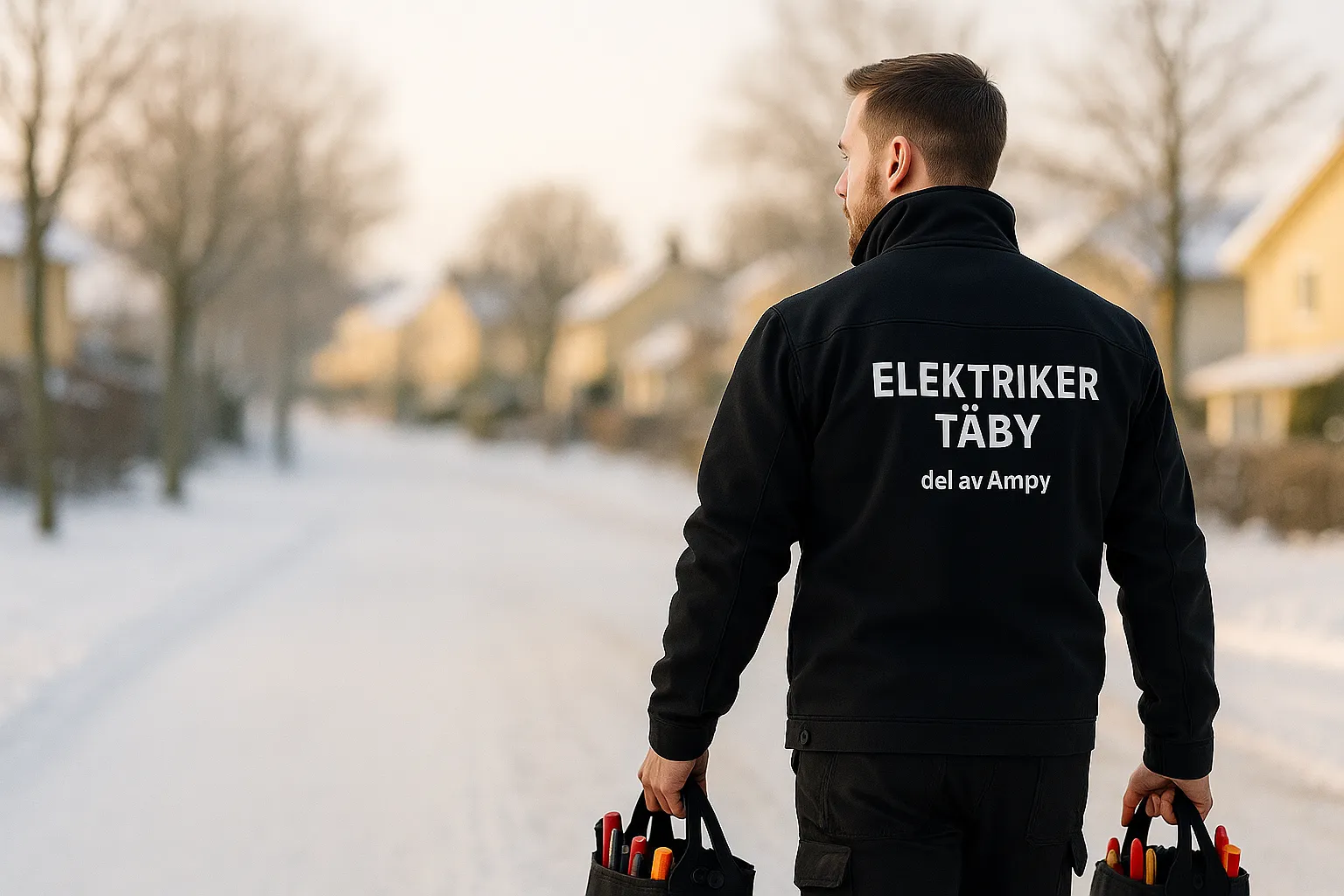 Behörig och erfaren elektriker i Täby på väg till kund för elinstallation – trygg elfirma nära dig i Täby, året runt.