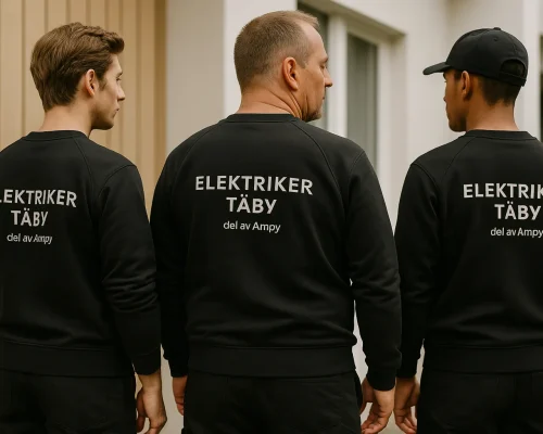 Certifierad elektriker i Täby Tre elektriker från elfirman Elektriker Täby. Står i profil med företagskläder, redo att hjälpa vår kund i Täby med professionella eltjänster.