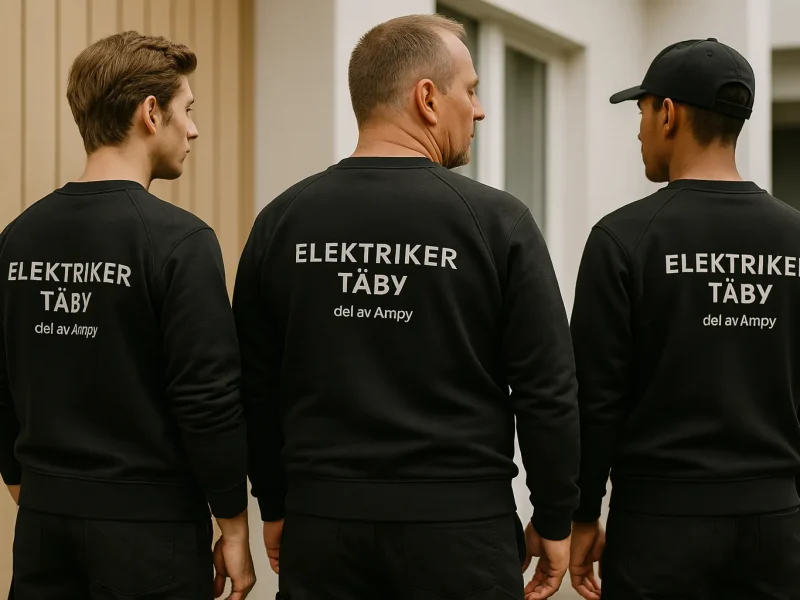 Certifierad elektriker i Täby Tre elektriker från elfirman Elektriker Täby. Står i profil med företagskläder, redo att hjälpa vår kund i Täby med professionella eltjänster.